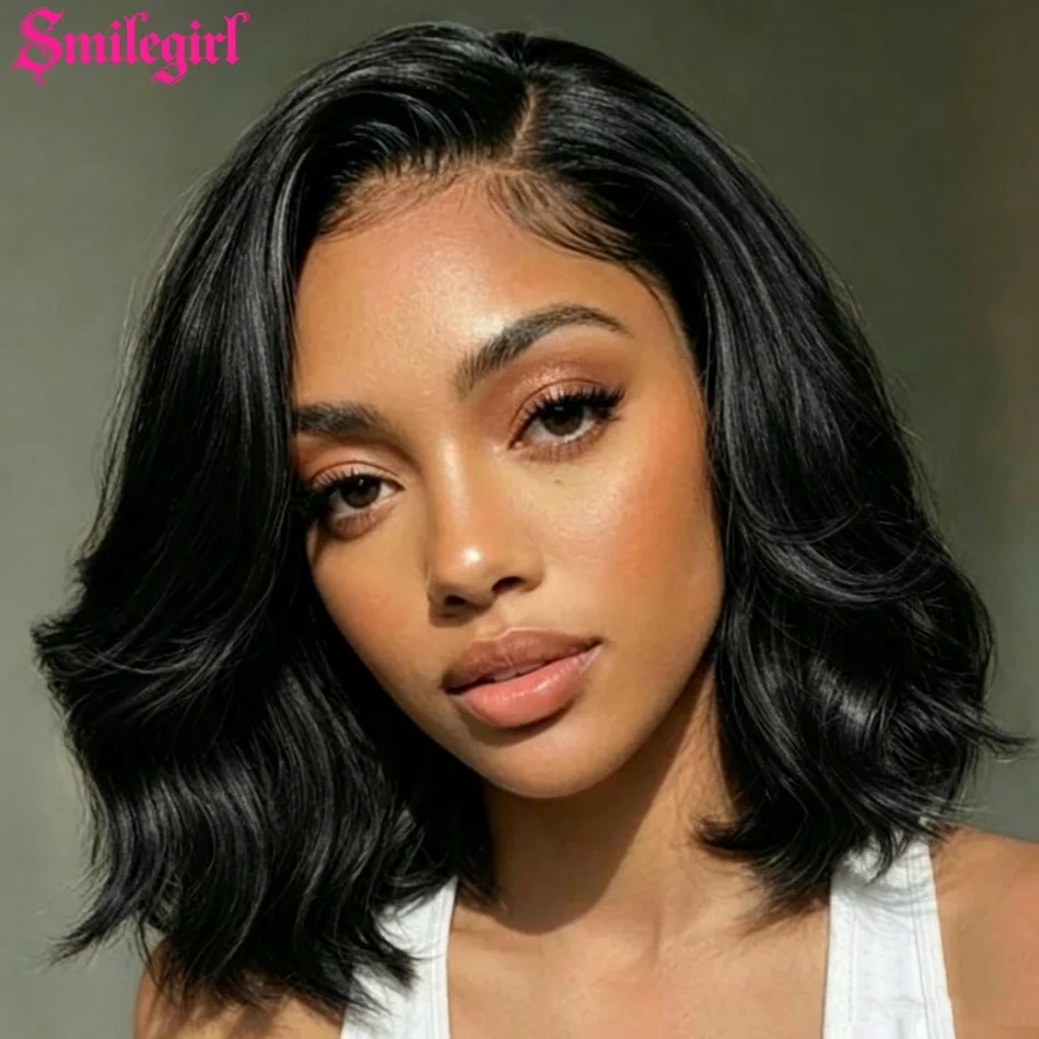

Short Bob Wigs Human Hair Part Boby Wave Bob Lace Front Wig 16 Inch Glueless Wear & Go Bob Wig 200 Density Natural Black Pre-Plucked For Women