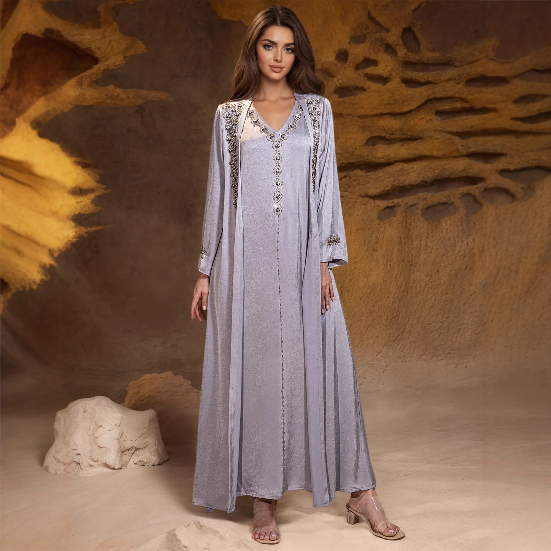 Muslim Dress Suit 2 Piece Sets Women Party Open Abaya Dresses Diamonds Long Robe Jalabiya Dubai Kaftan Ramadan Vestidos Abayas