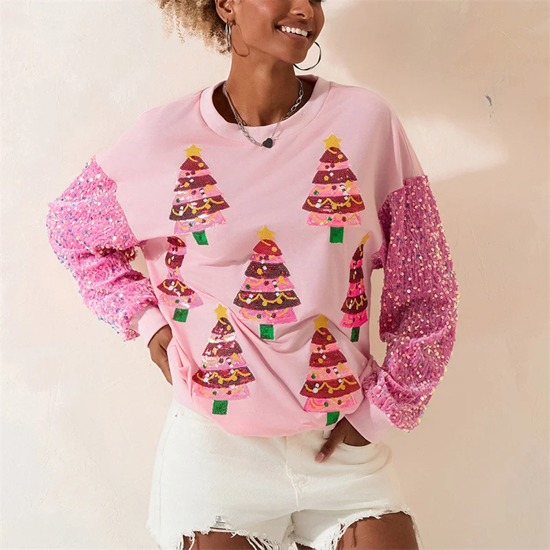 Women Christmas Glitter Patchwork Hoodies Vintage Tshirt Harajuku Long Sleeve Sweatshirt Autumn Winter Streetwear Clothes