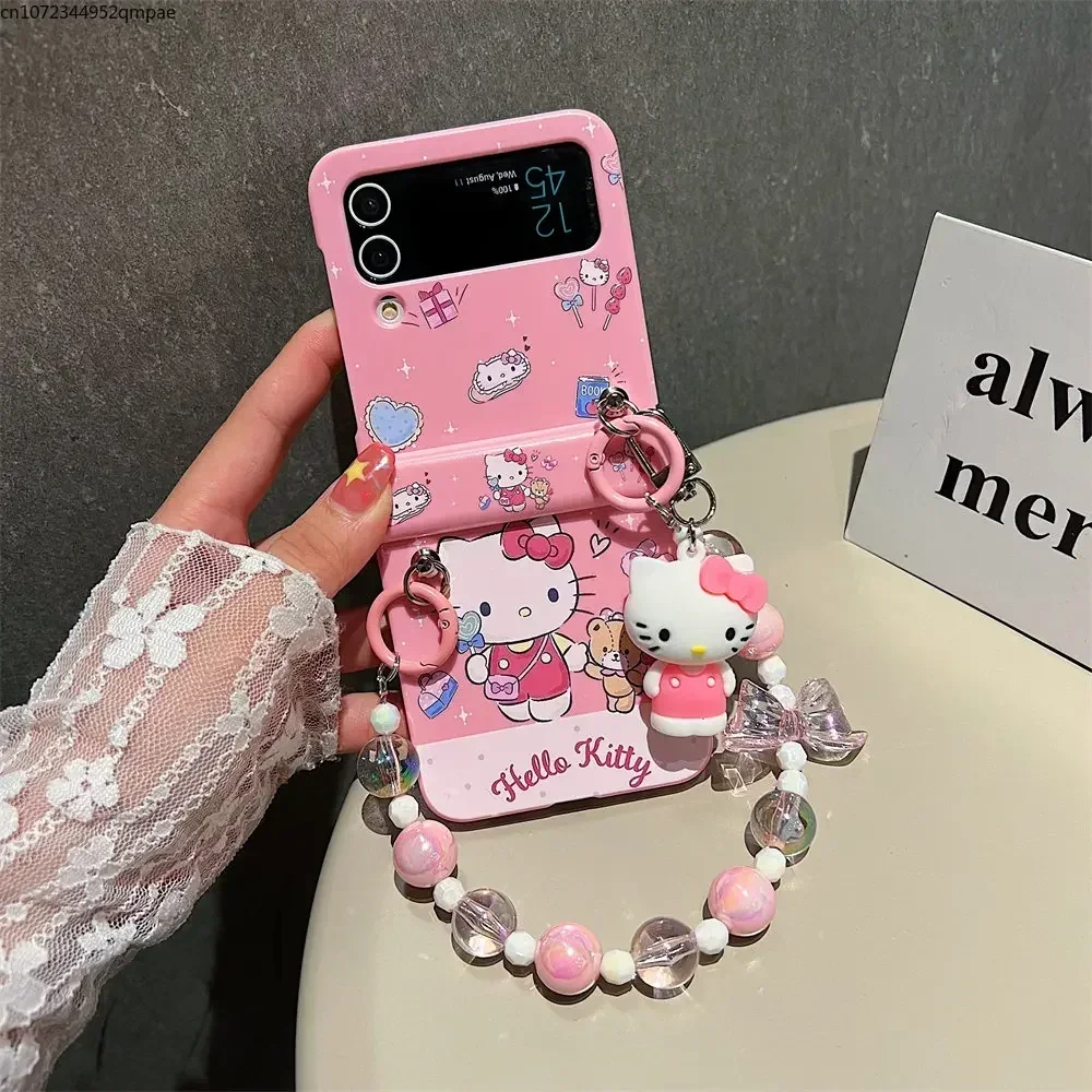 Cartoon Cute Hello Kitty Cinnamoroll Kuromi with Lanyard Phone Case for Samsung Galaxy Z Flip 3 4 5 5G Hard Anti-fall Back Cover