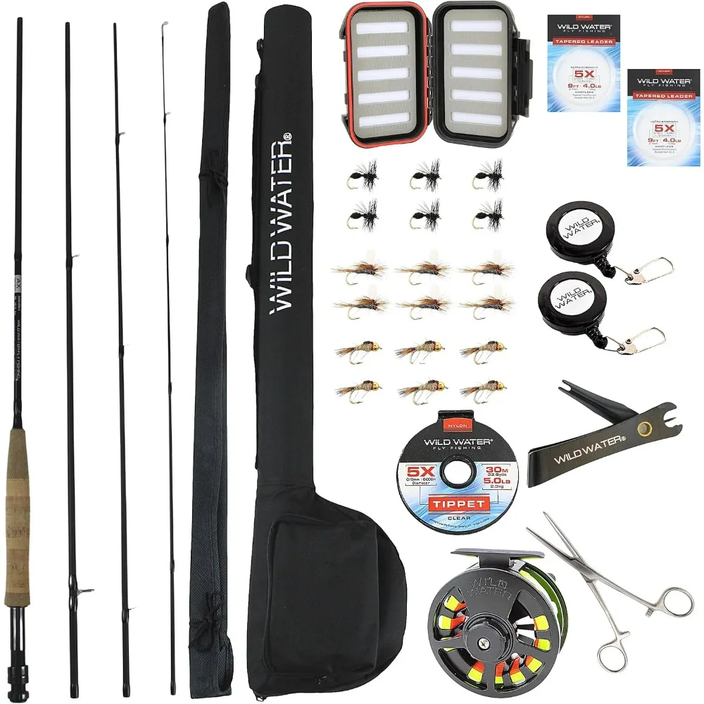 Deluxe Fly Fishing Combo Starter Kit, 5 or 6 Weight 9 Foot Fly Rod, 4-Piece Graphite Rod with Cork Handle, Accessories