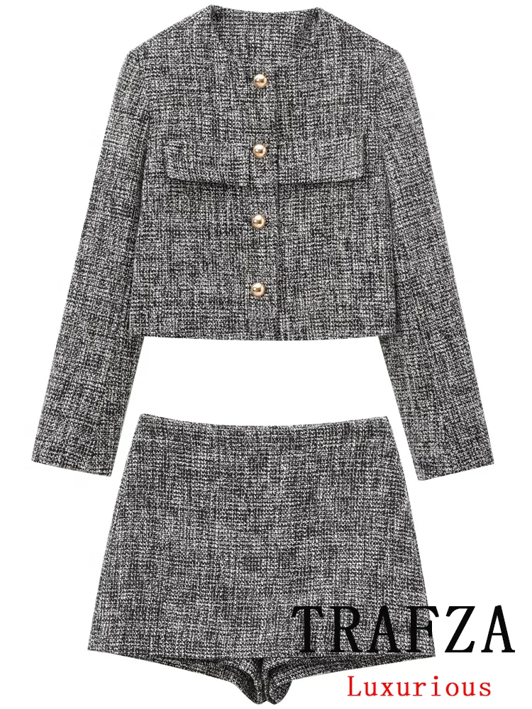 TRAFZA Vintage Office Lady Suit Women Texture Single Breasted Blazer Zipper Straight Shorts Fashion 2024 Jesienno-zimowe zestawy