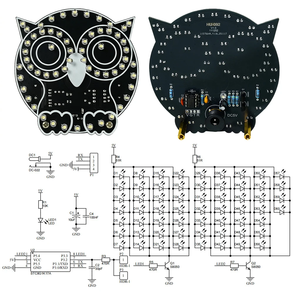 DIY LED Owl Touch Control Light Electronic Kit PCB Soldering Practice kit 4 Switchable Modes 100mA Adjustable Brightness USB 5V