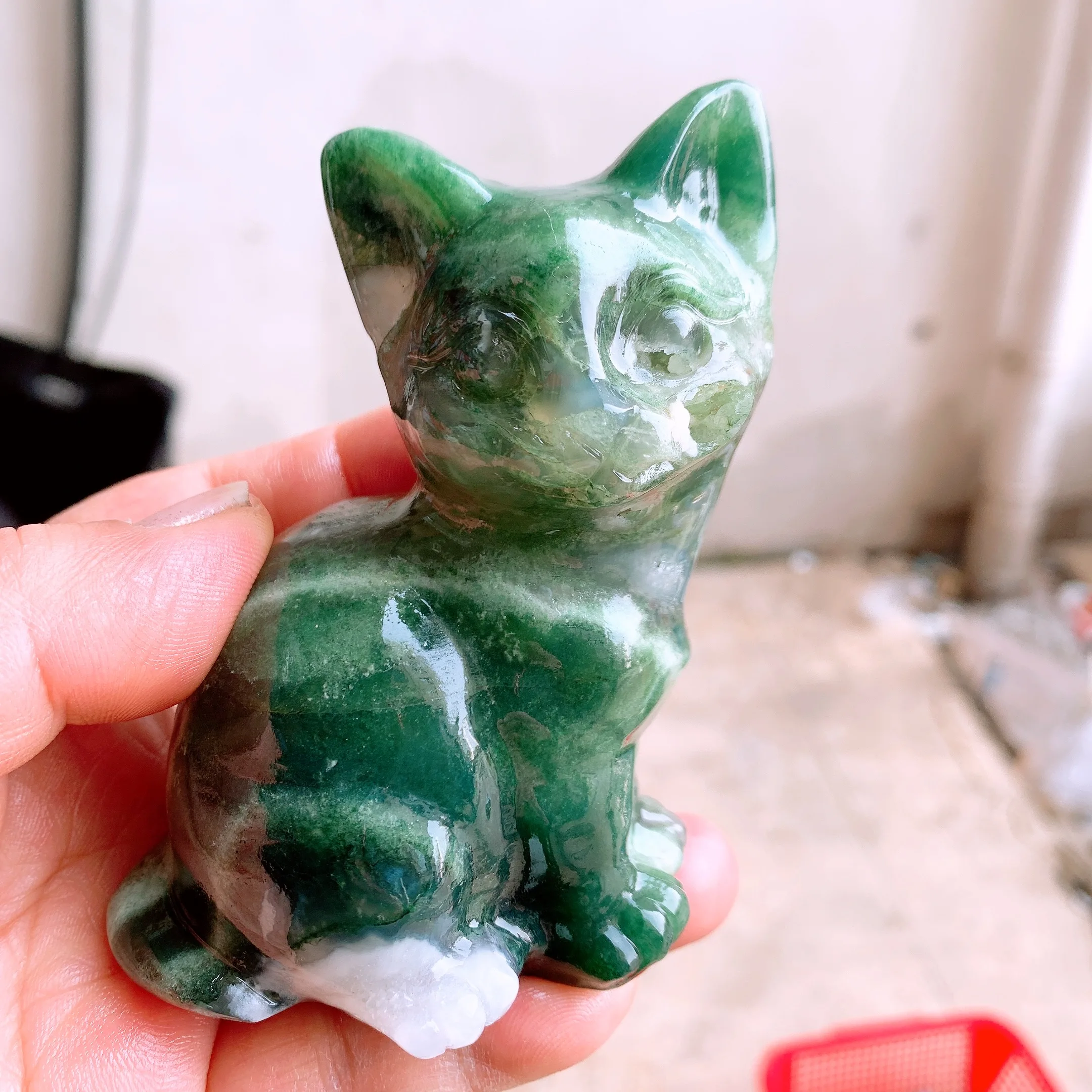 

Natural Moss Agate Cat Kitten Carving Carved Statue Animal Fashion Home Ornament Art Collectible Gift 1PCS