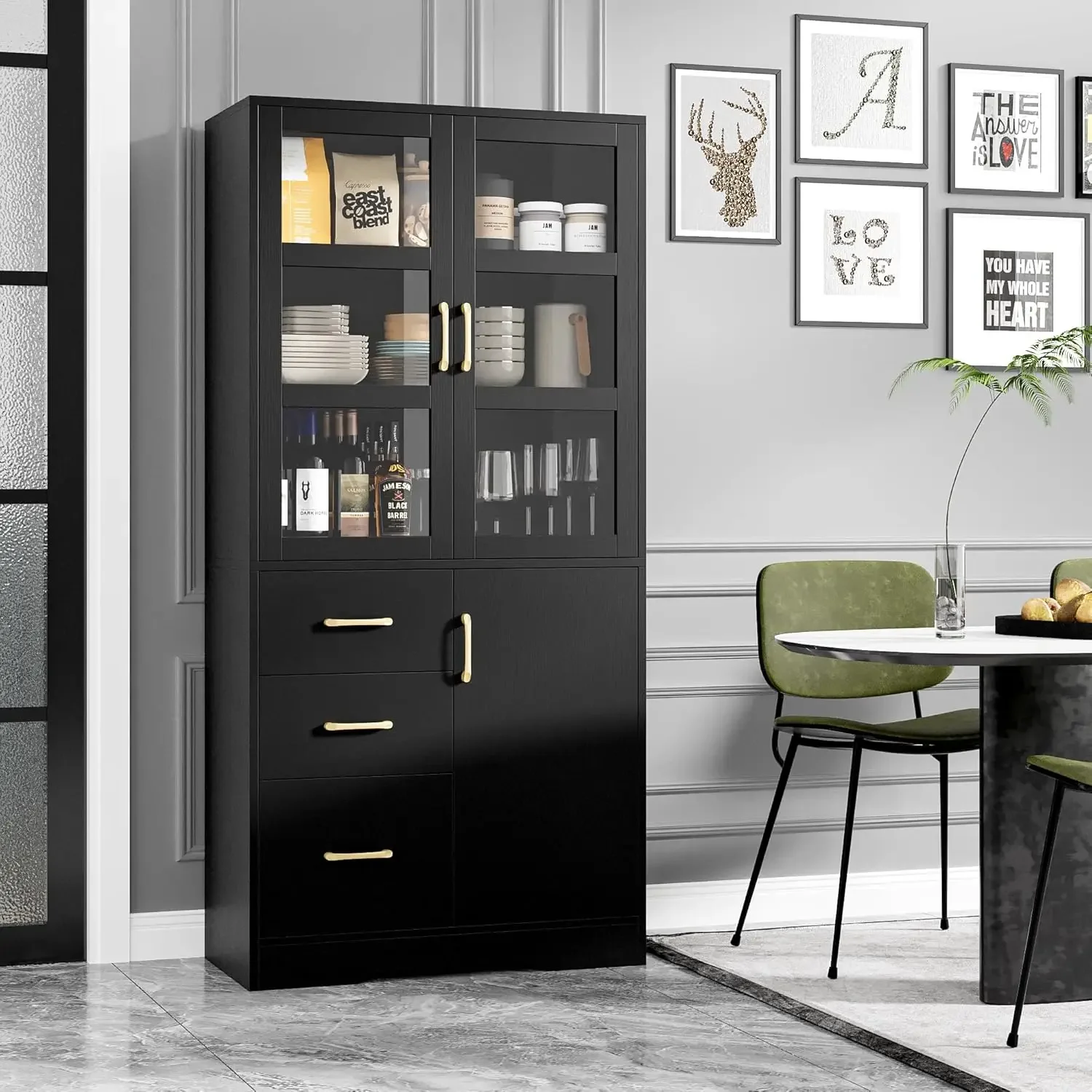 Tall Storage Cabinet with Glass Display Cabinet Doors & Shelves & 3 Drawers, 67”H Kitchen Pantry Cabinet with Gold Handle, Moder