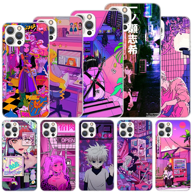 Anime Vaporwave Glitch Purple Soft Case For iPhone 16 15 Plus 11 12 13 Mini 14 Pro Max Apple Phone Cover X XS XR SE 7 8 SE Coque