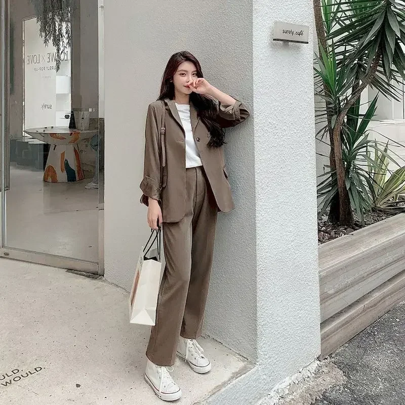 Lnsozkdg 2024 ฤดูใบไม้ร่วงเสื้อBlazerสูทผู้หญิงสุภาพสตรีElegant Solid Pantsuitหญิงสบายๆทํางานสวมใส่ 2 ชิ้นชุดเสื้อผ้า