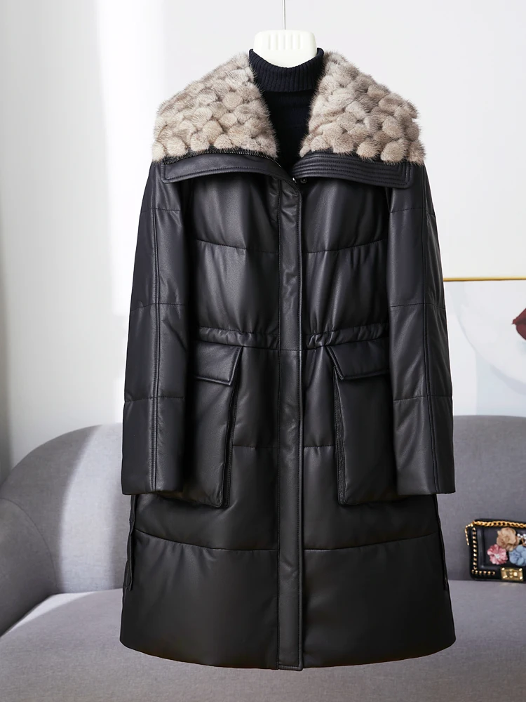 

Genuine Leather Down Jacket For Women 90% Goose Down Sheepskin Mink Fur Collar Mid Length Coat Winter Large Size Parka