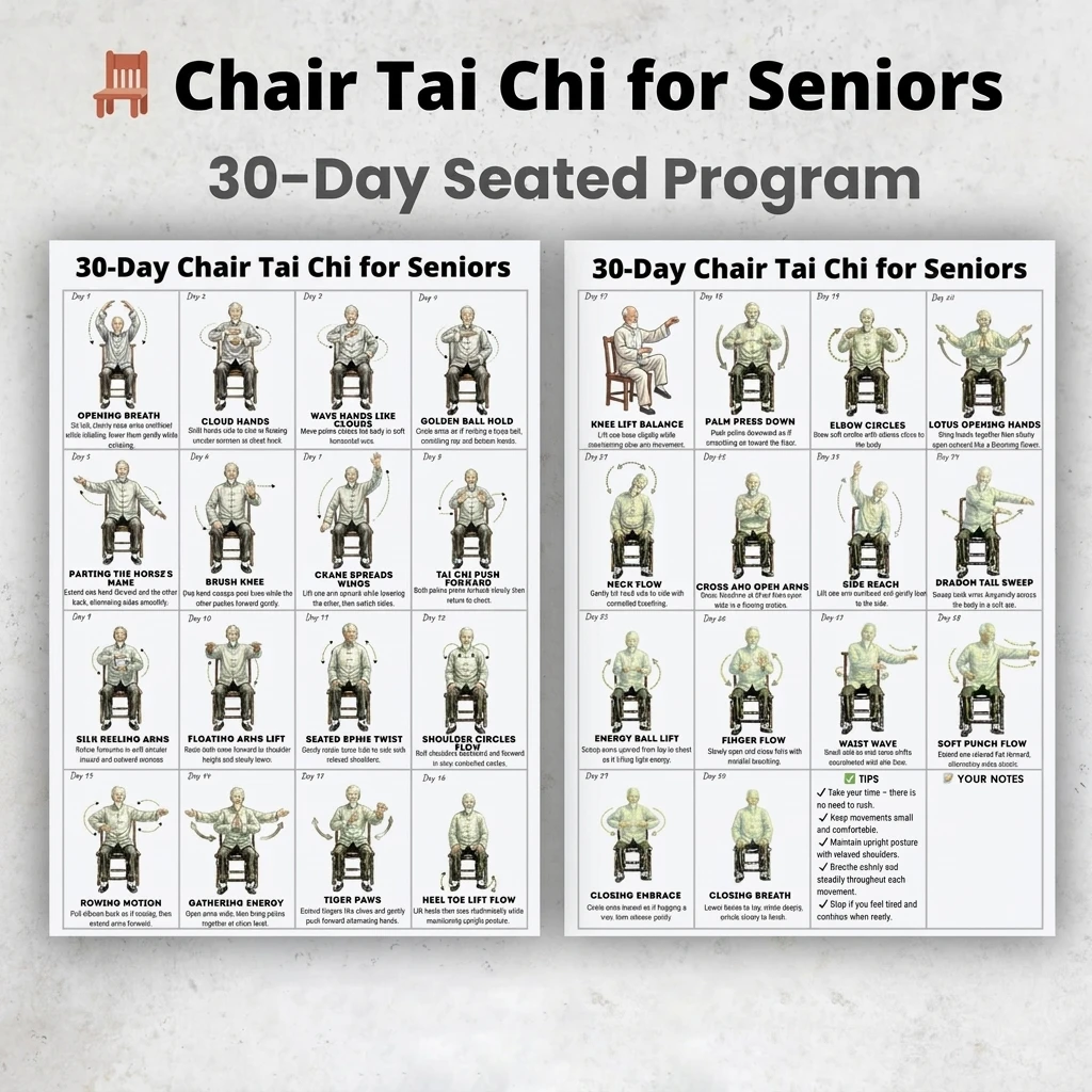 Tai Chi Poster Professional Home Fitness Guide for Seniors 30 Days Exercise Plan Coated Paper Wall Chart Health Gift