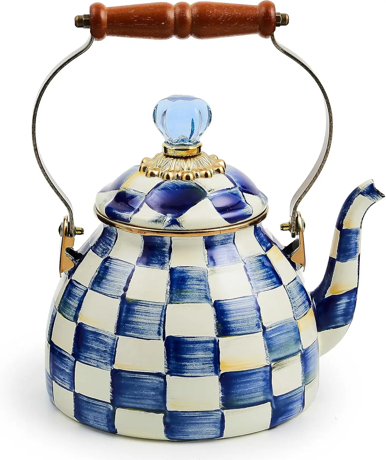 Enamel Tea Kettle, Stylish Tea Kettle for Stovetop, Blue-and-White Royal Check, 2 Quarts