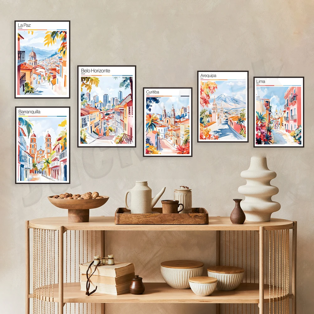 ملصقات السفر لـ Medellin، Manaus البرازيل، Curitiba، Bucaramanga، Belo Horizonte، Cochabamba، Bolivia، Caracas، Arequipa Peru