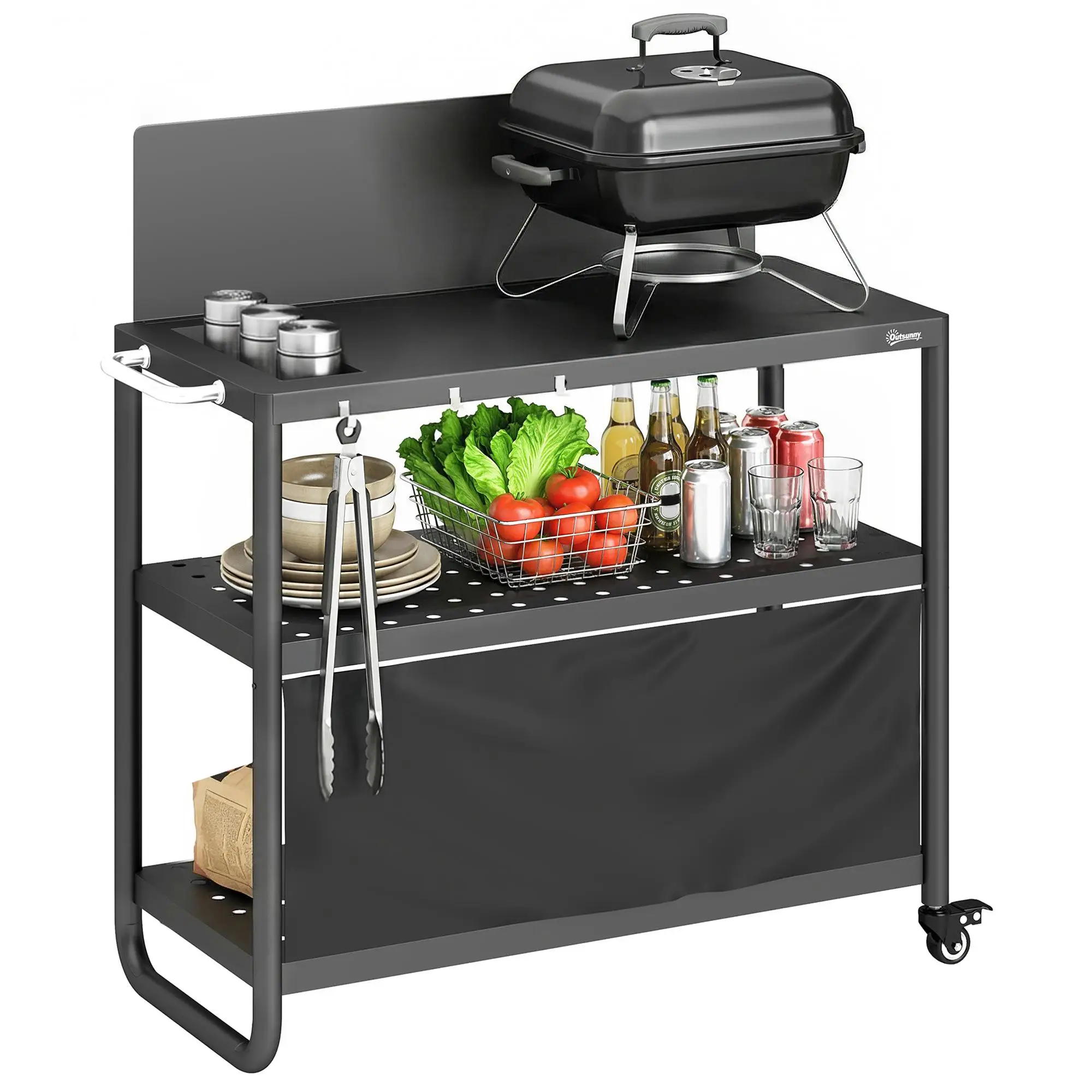 Carrito de barbacoa de 3 niveles con protección contra el viento, 100x46x110cm, acero negro para caravana y jardín
