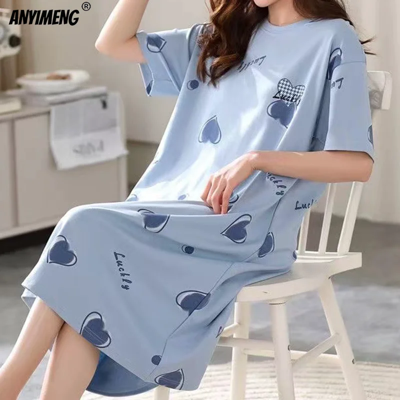 Summer Women Sleepshirt Plus Size M-5XL Woman Nightdress 100% Polyester Milk Silk Short Sleeves Sleep Tops Casual Sleepwear