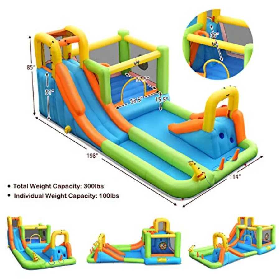 Outdoor inflatable water slide for kids, PVC material, blue and yellow, 8-in-1 dual slides with splash pool and bounce house fo