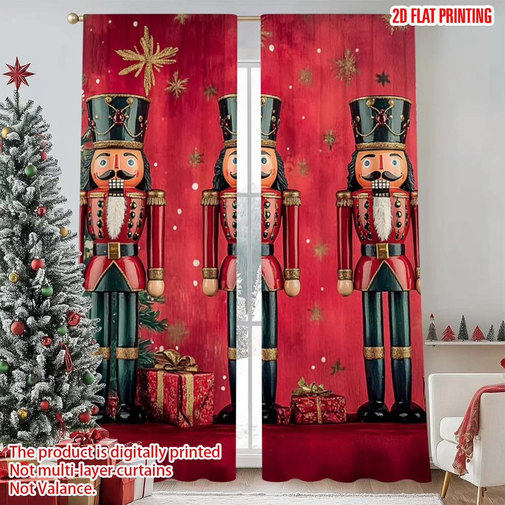

2pcs 2D flat printing Christmas Curtains Nut decomposer soldiers and Christmas trees Durable 100% Polyester Fabric Without