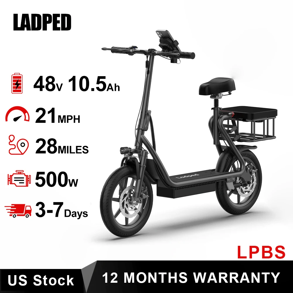 

LADPED 500W 14inch Electric Bicycle 10.4AH Battery 28Miles Max Range 21MPH Max Speed Shock Absorption Foldable Adult Ebike