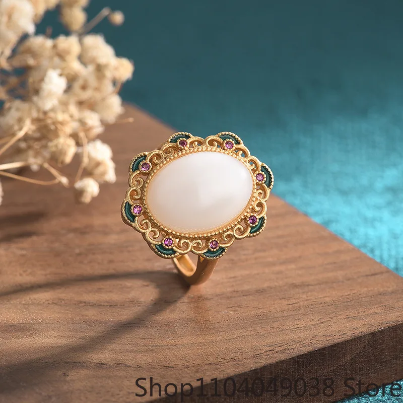 

White Natural Jade Flower Rings Gifts for Women Charm Real Jewelry Amulet 18K Gold Plated Vintage Designer Carved Gemstone