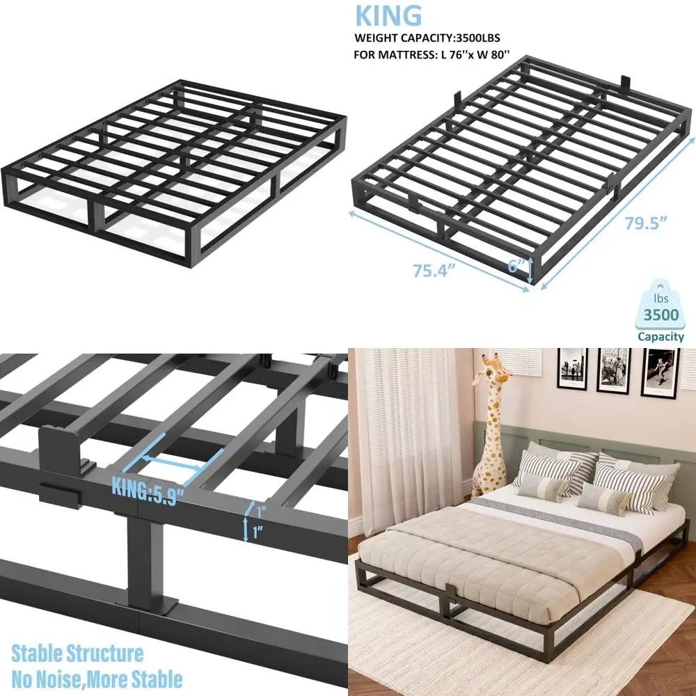 

King Size Metal Bed Frame with Low Profile and Steel Slat Support for Mattress