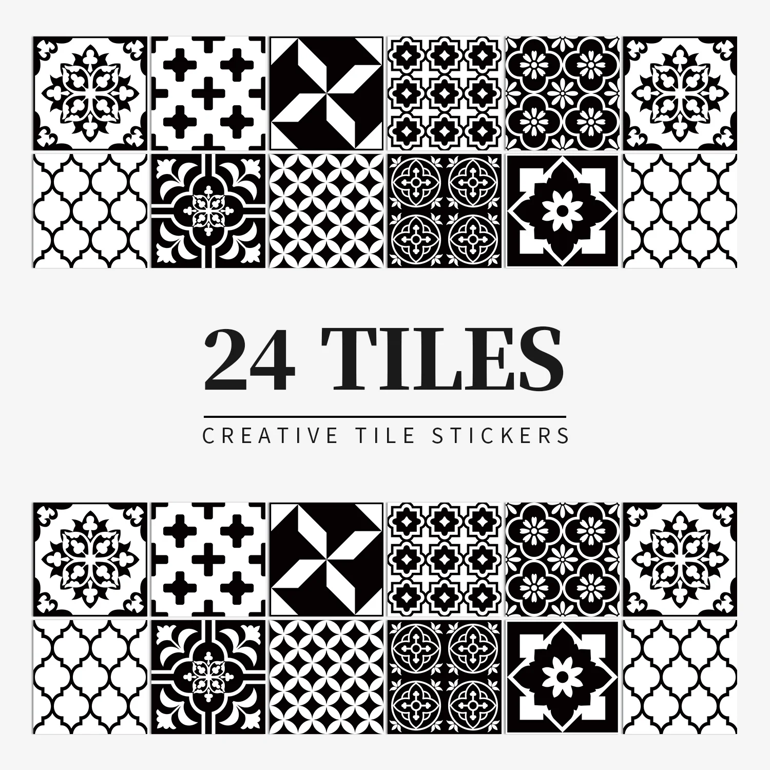 24 pcs/pack, Waterproof and Oil-proof, Easy To Clean, Black And White Pattern Self-adhesive PVC Tile Stickers