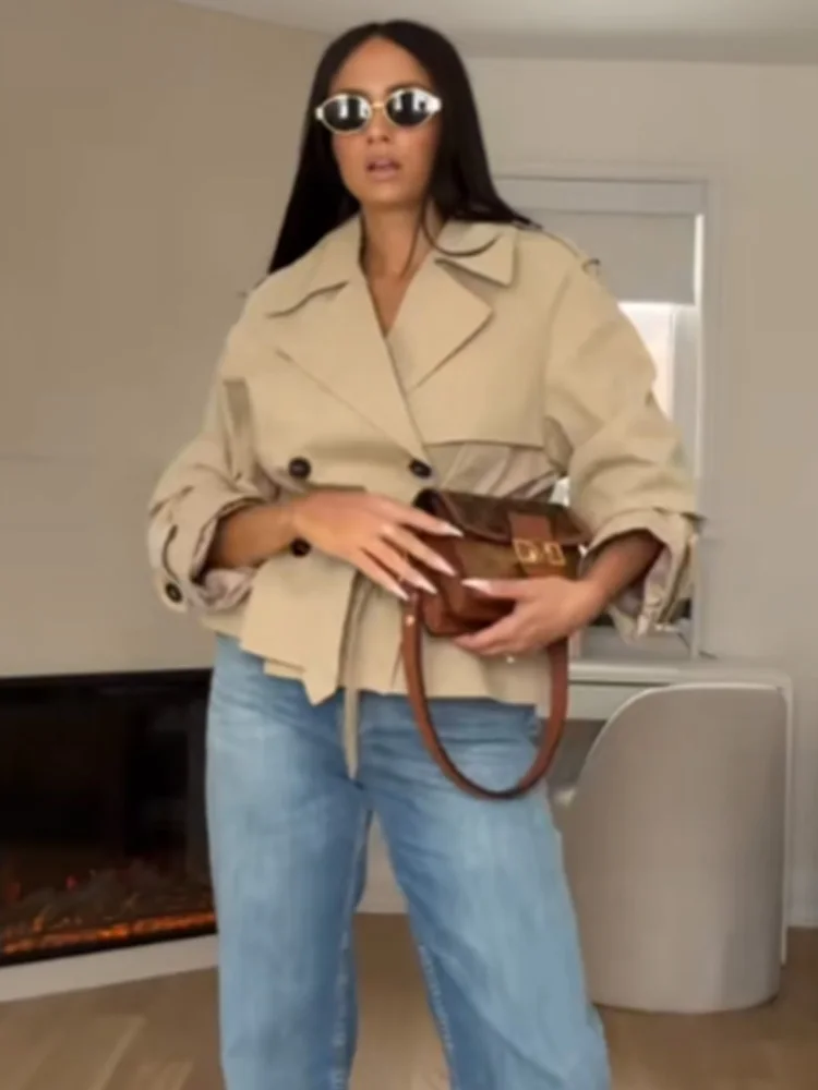 

Женская весенняя модная куртка-ветровка с отложным воротником, поясом и подплечниками, двубортная, с длинными рукавами, однотонная, в стиле High Street