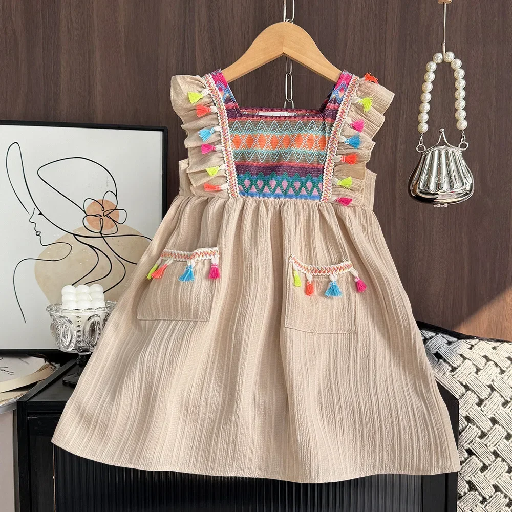 Casual Khaki Bohemian Style Striped Fringe Square Neck Flying Sleeve Dress for Girls 3-7 Summer