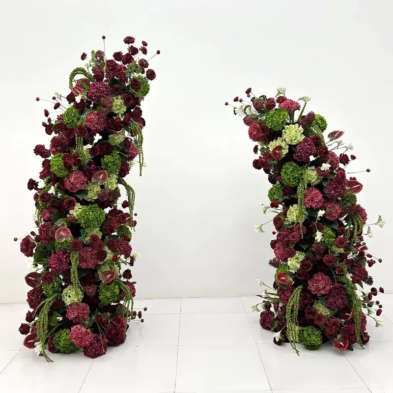 Burgundy and green faux flower arched background wall curved half-moon style set, suitable for outdoor wedding decoration