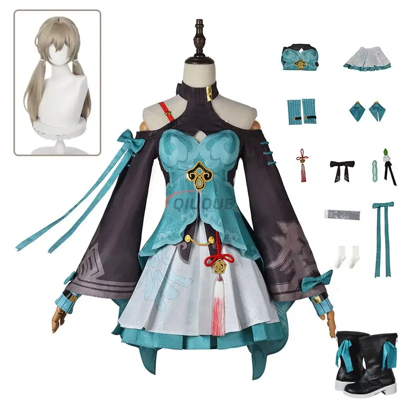 

Game Honkai Star Rail Cosplay Qingque Cosplay Costume Wig Shoes The Xianzhou Luofu Qing Que Dress Women Uniform Role Play Outfit