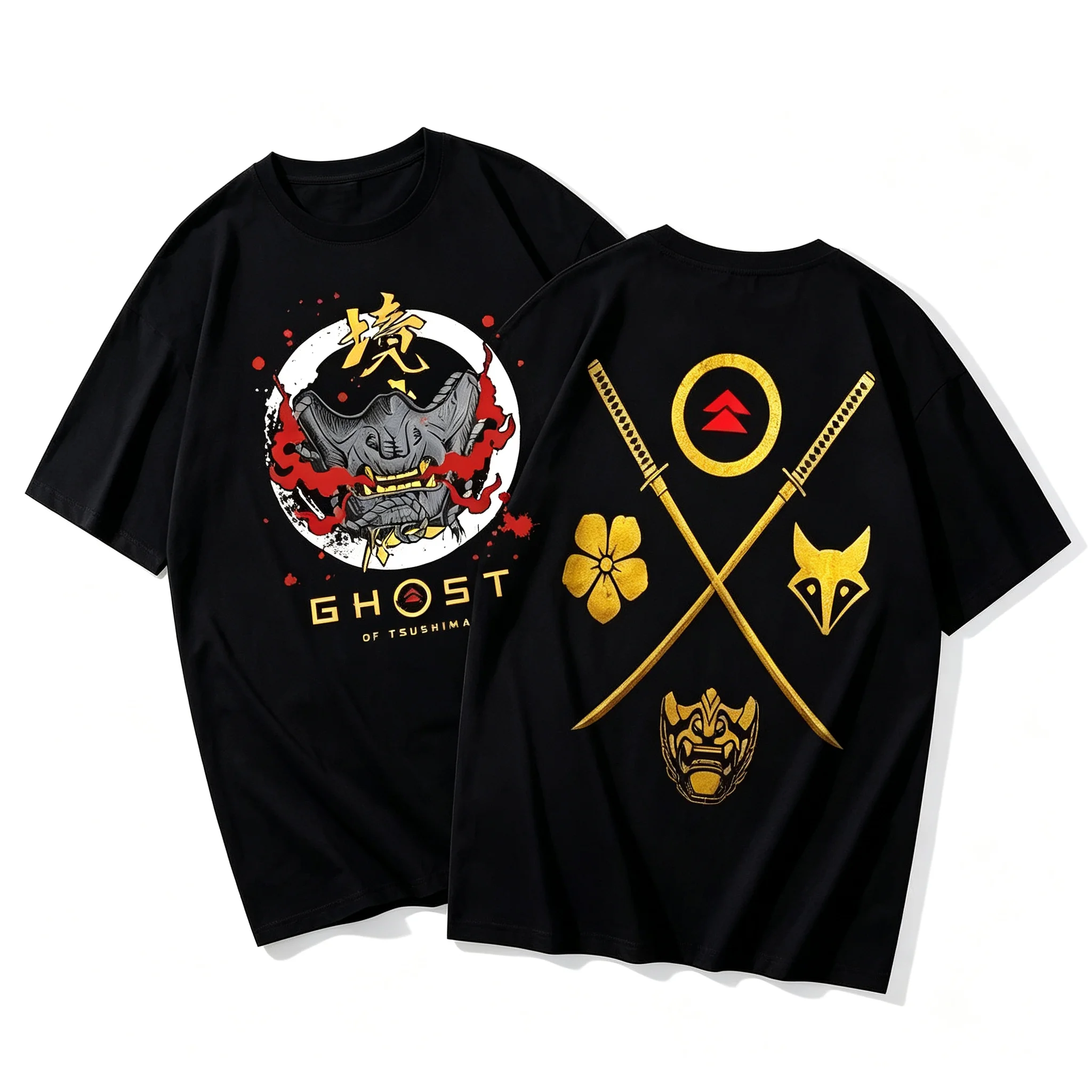 2026 Japanese Samurai Mask Katana Graphic T Shirt, Pure Cotton Short Sleeve Vintage Oriental Warrior Casual Tops for Kids Adults