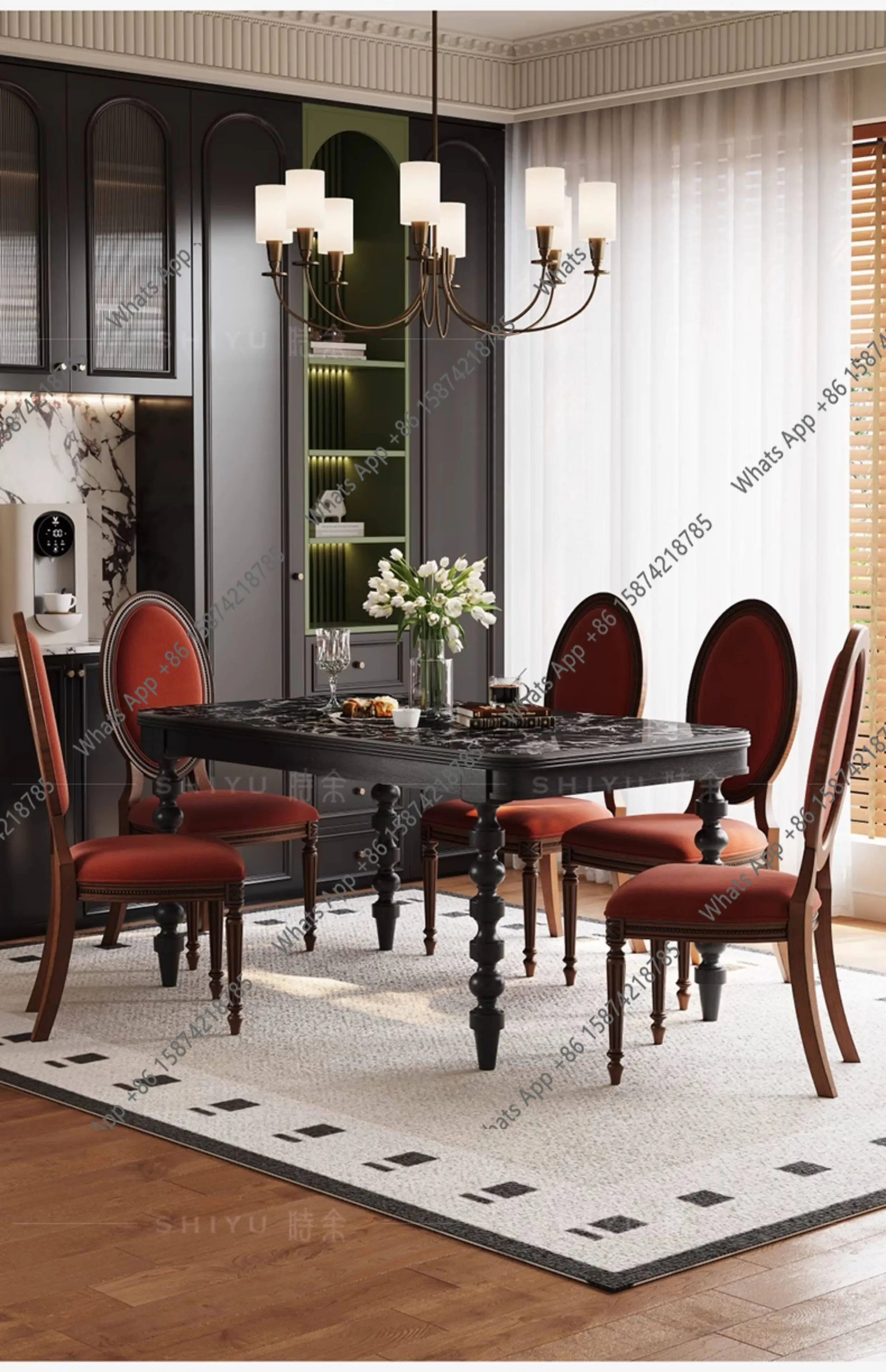 

Modern simple dining table Solid wood French retro rectangular American medieval rock slab size apartment