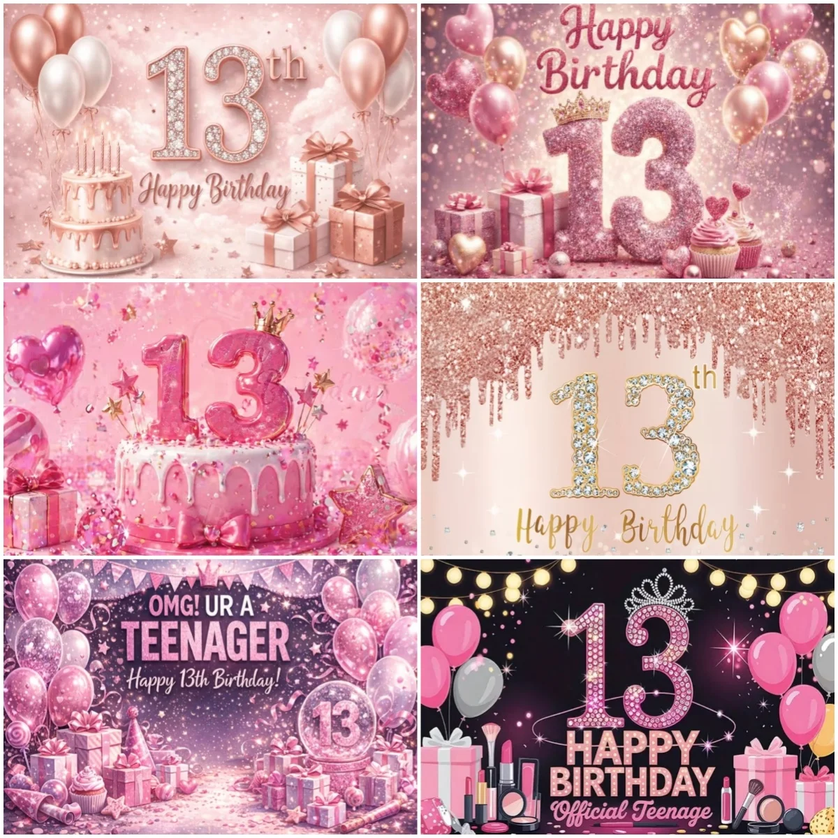 

13th Happy Birthday Party Decoration Background Pink Flower Balloon Photography Backdrop Girl Shower Banner Adolescent Gift Prop