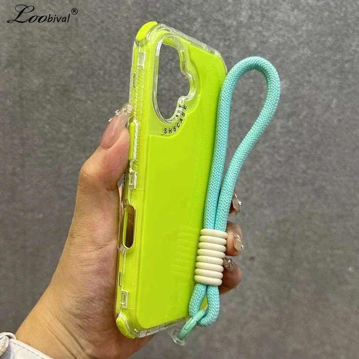 Luxury Candy Solid Color Lanyard Case for iPhone 16 15 14 Pro Max Plus 12 13 11 X Xr Xs 7 8 Hand Wrist Strap Airbag Bumper Cover