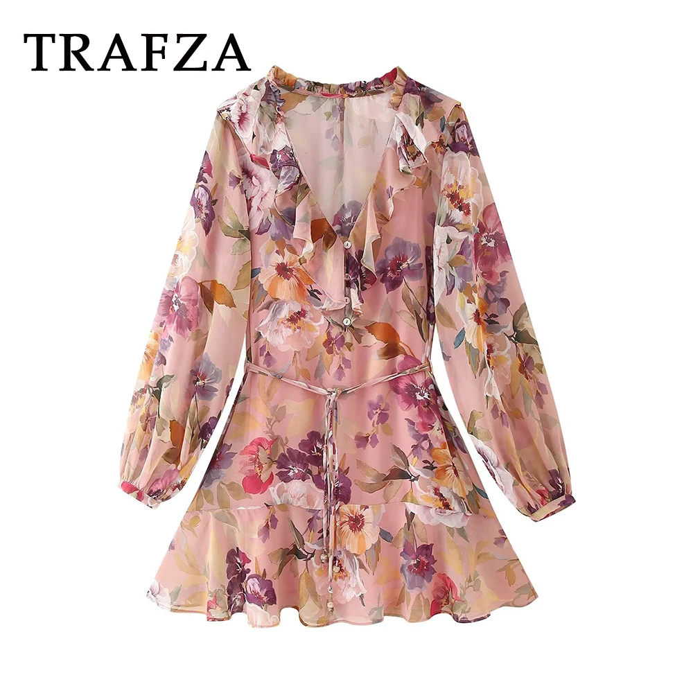 TRAFZA Gaun Wanita Gambar Bunga Chic Gaun Mini Bertingkat Kerah V 2025 Mode Ikat Pinggang Kancing Berlipat Wanita Musim Semi Vestido