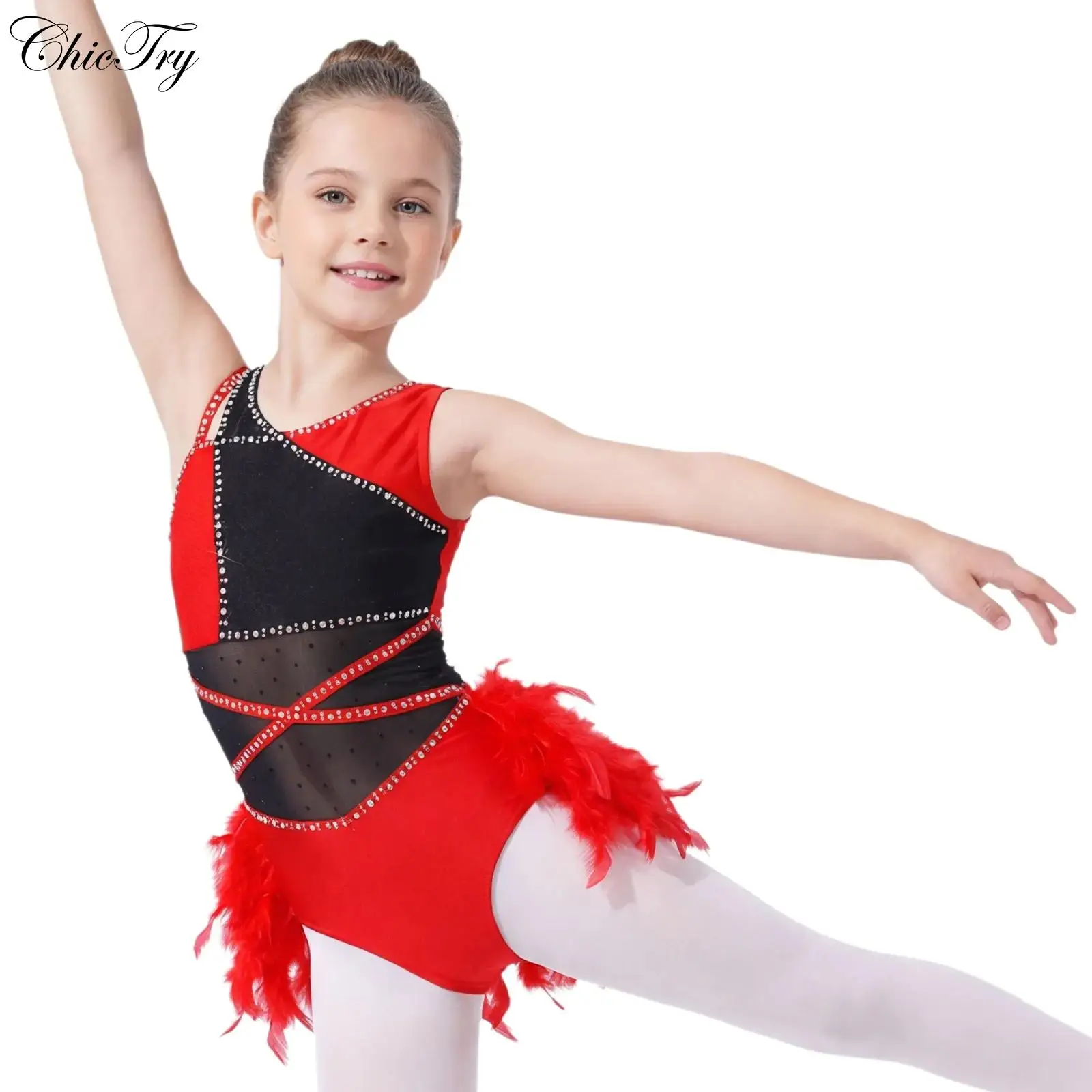 

Children Girls Latin Tango Rumba Samba Performance Dance Costume Sleeveless Sequin Mesh Feather Skirted Tutu Dress Dancewear