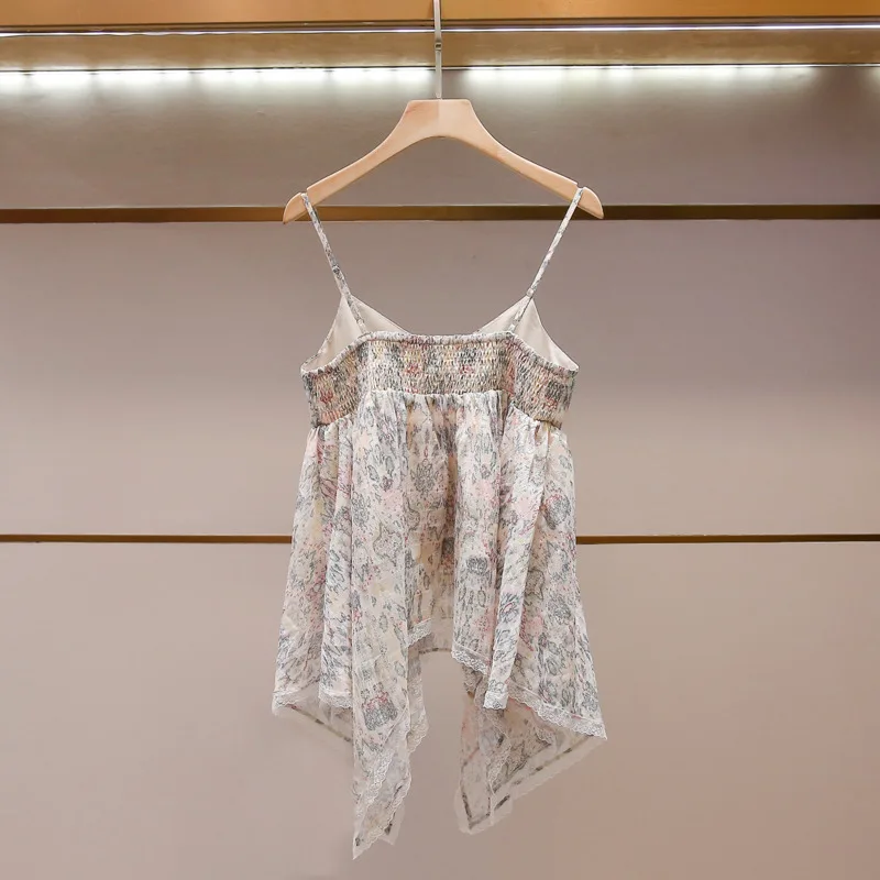 HKSH Women Camisole Top High-End French Vacation Style Chic Lace Trim Patchwork Floral Print Irregular Trendy Strap Vest HK26490