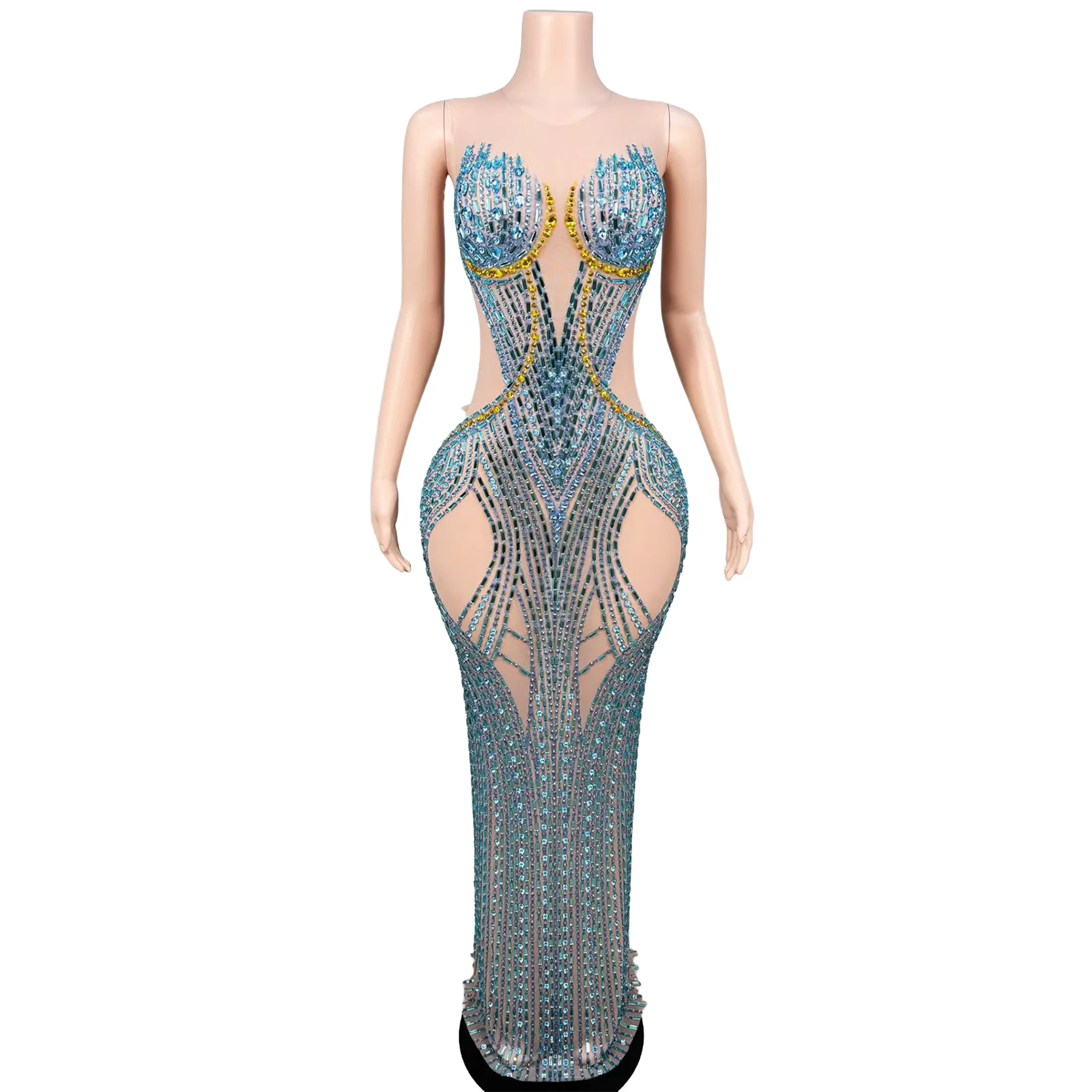 Bingshan Elegant Nude Mesh Blue Gold Rhinestone Bodycon Long Dress Strapless Tube Top Double Waist Cutout Gala Party Outfit