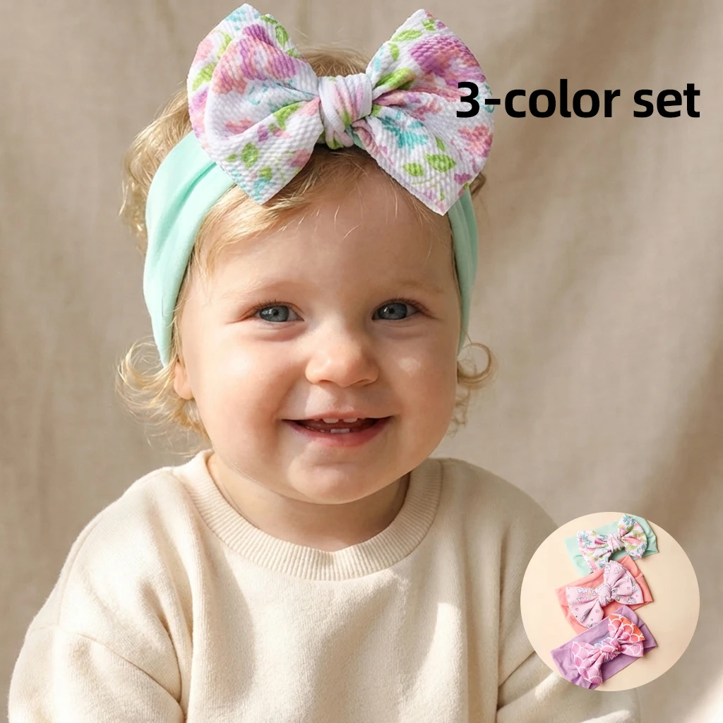 

Children's printed large bow nylon headband, soft and stretchy hair accessory, baby headwear