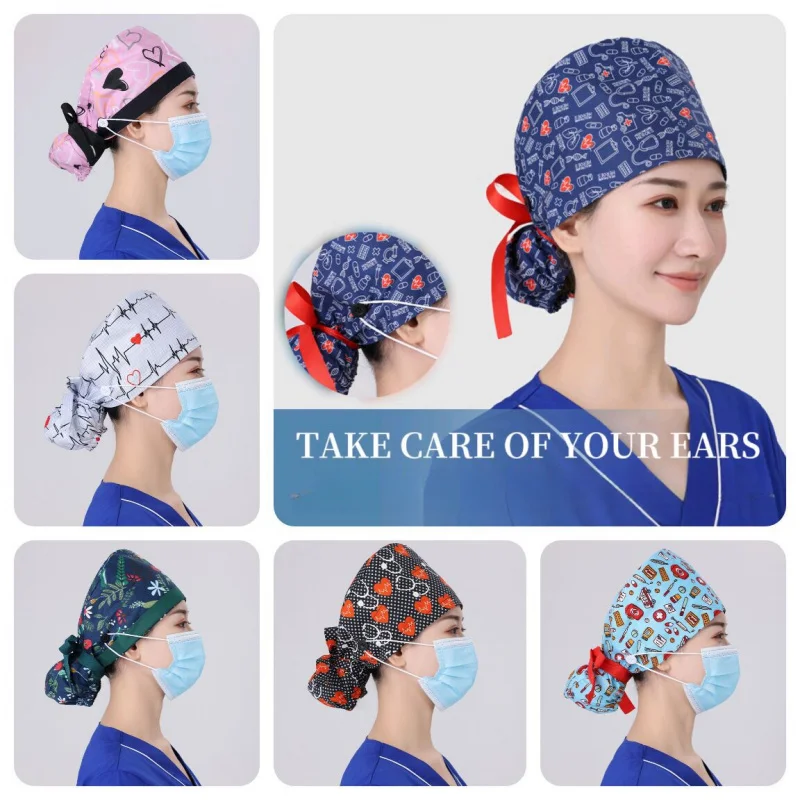 Women's Long Hair Cotton Hospital Sanitary Cap Sweat-Absorbing Towel Button Beauty Salon Dental Kitchen Beanie Caps