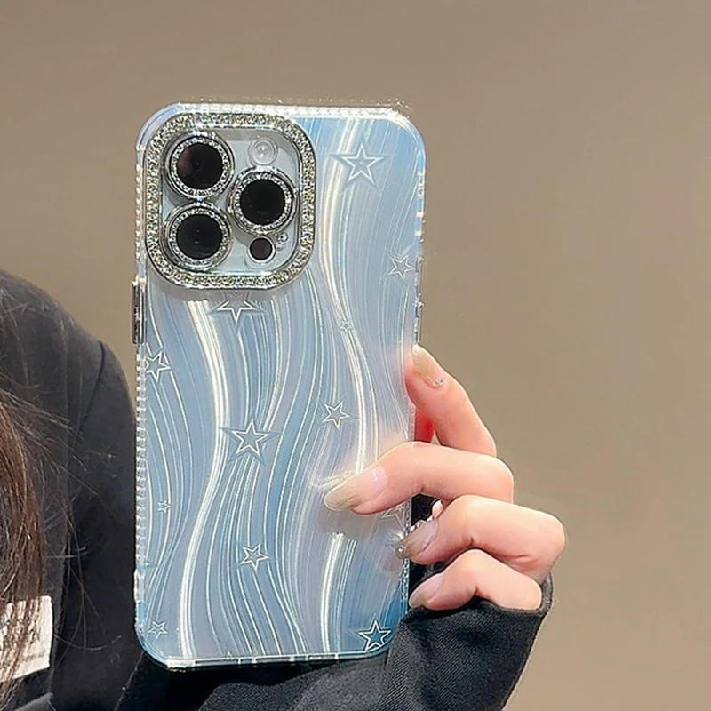 

Ins Plating Silver Stars Laser Feather Pattern Case For iPhone 16 15 13 14 Pro Max Camera Lens Protective Back Cover