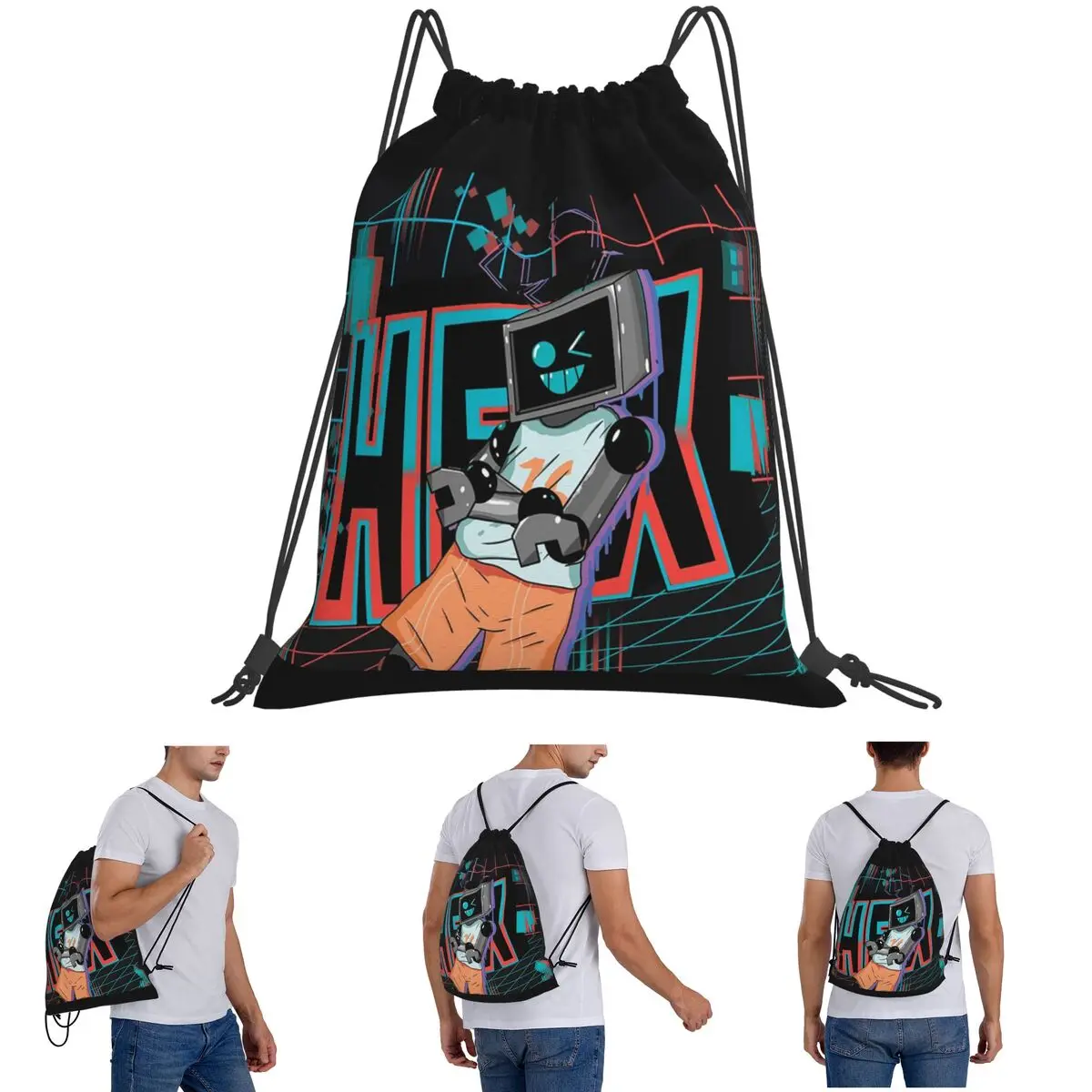 Fnf Hex Neon Artwork Backpacks Multi-function Drawstring Bundle Pocket Sundries Bag Book Bags for Travel School