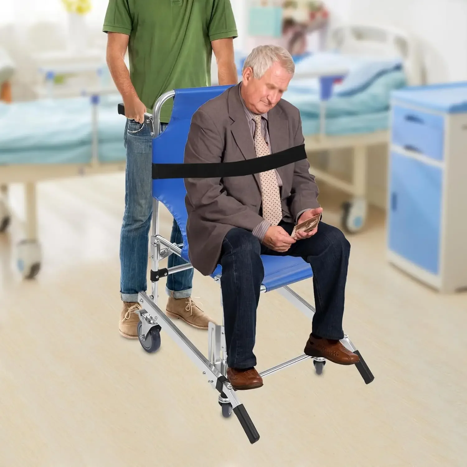 كرسي متحرك محمول قابل للطي للبالغين وكبار السن - كرسي سفر خفيف الوزن وقابل للطي من الألومنيوم - أزرق - Wei