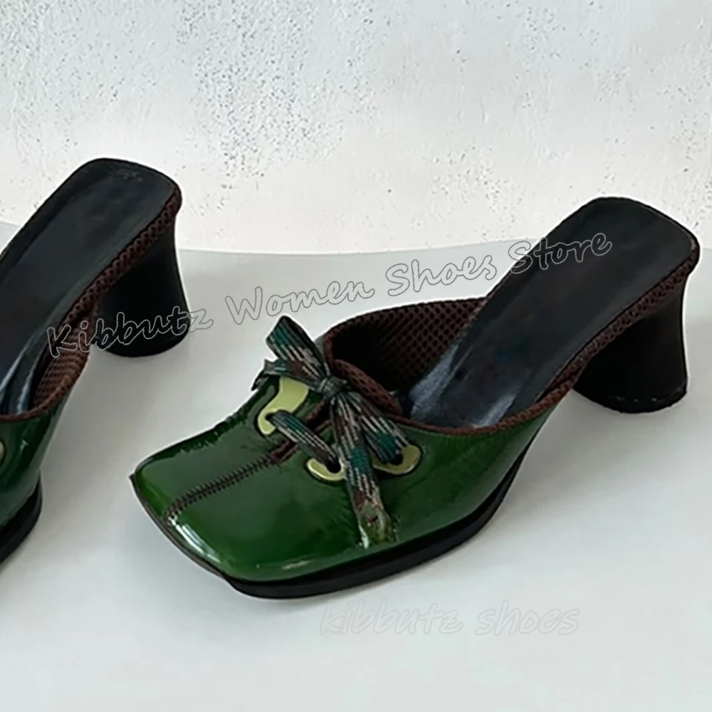 

Vintage Slipper Pumps Bow Leather Mixed Color Slip-On Fashion Comfortable Luxury Sexy Elegant Women Shoes Square Toe Chunky Heel