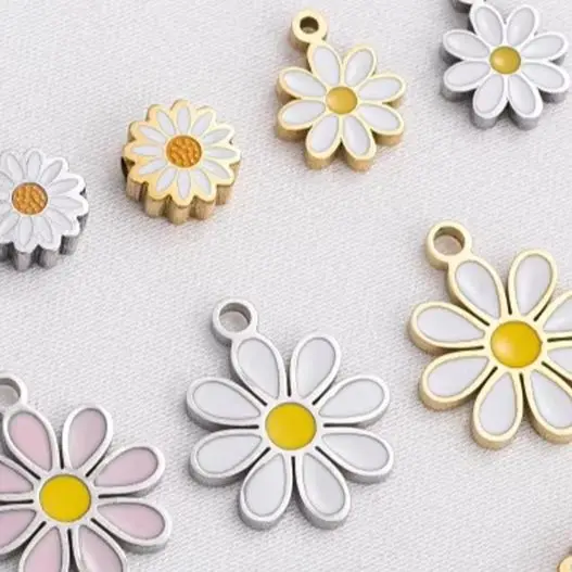 Titanium Steel 14K Gold Plated Daisy Pendant Pink Flower Bead Oil Droplet Jewelry Making Accessories Small Separated Beads