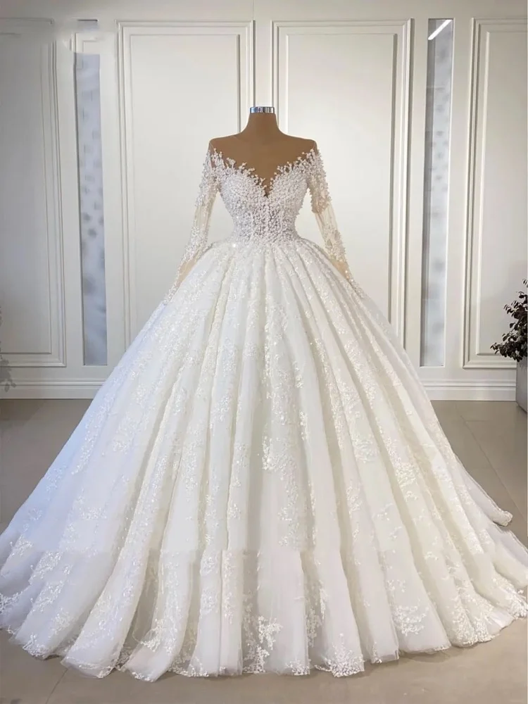 Elegant Appliques Wedding Dress Long Sleeves Pearls Beads Bride Gowns Robe Mariage Vestido De Noiva Customized