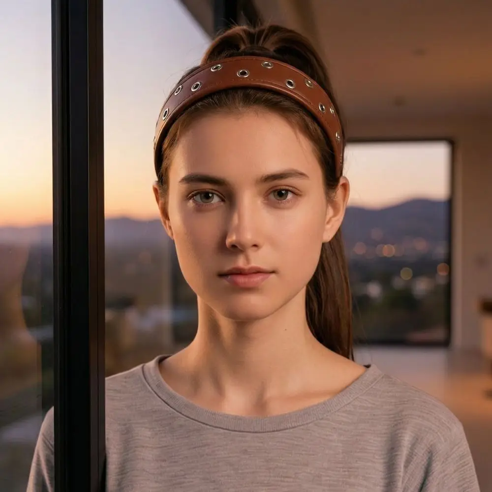 

Punk Leather Headband Black and Red Hair Accessory Metal Rivets Headwear Versatile Wide Hollow Ring Hair Hoop Travel Shopping