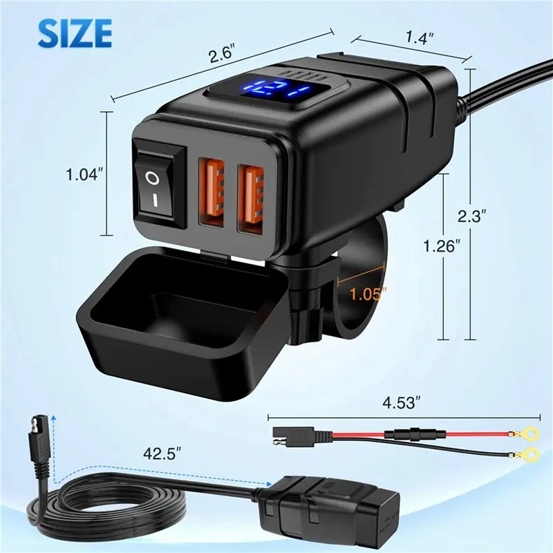 2X Motorcycle USB , 6.8A Quick Charge 3.0 Dual USB Motorcycle Phone With Voltmeter & On/Off Switch-A97E
