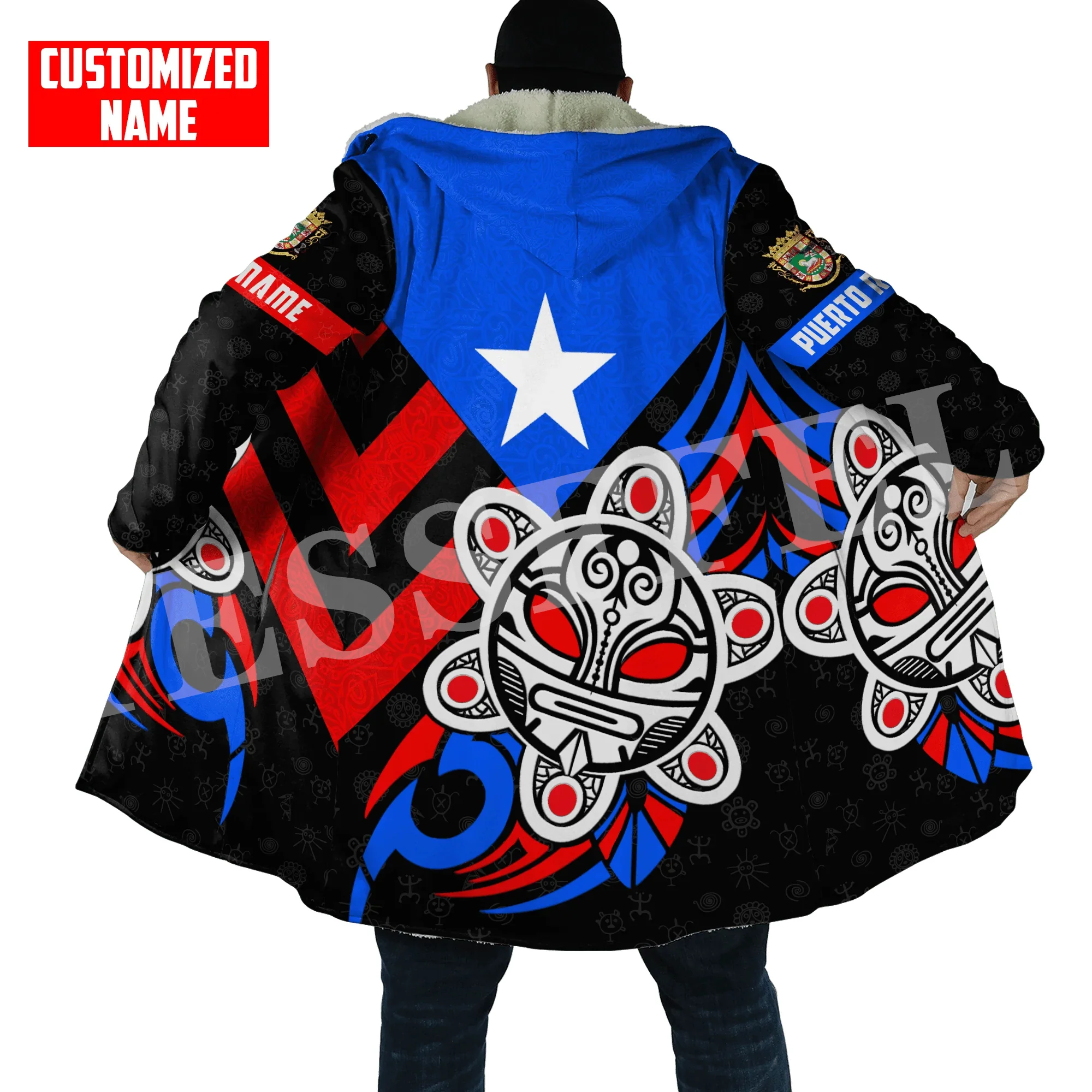 

Custom Name Puerto Rico Boricua Country Tattoo Retro Vintage 3DPrint Harajuku Winter Windbreaker Warm Coat Hood Cloak Overcoat M