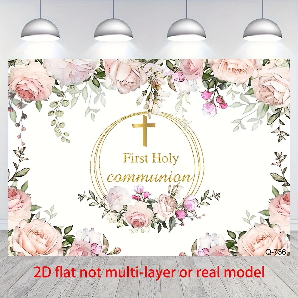 خطة ثنائية الأبعاد، 1 خلفية تصوير للمناولة الأولى - زهور وردية وتصميم لامع ذهبي، مع صليب، زخرفة معمودية للفتيات