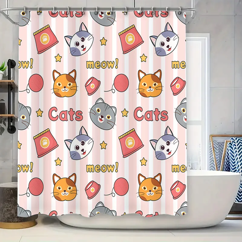 Cute Cat Print Shower Curtain Pink Striped Water Drop Resistant Bathroom Decor with Meow! Words Red Cup Yellow Stars One Size(18
