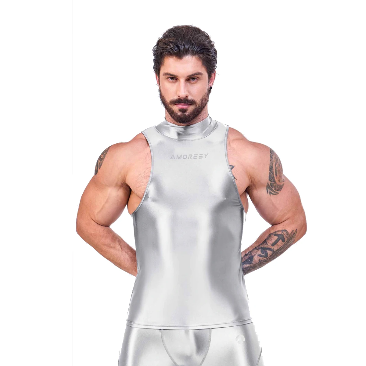 AMORESY Hercules Men Satin Elastic Sleeveless Turtleneck Sport Gym Tank Tops Quick-dry Training Fitness Workout Vest Undershirt