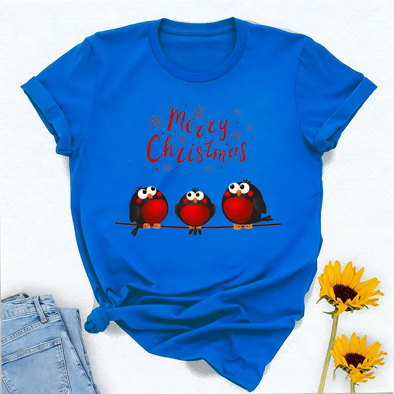 Merry Christmas Three Little Red Robins Sat on A Branch Womens Boyfriend Fit Crewneck High Quality Cotton Graphic T Shirts
